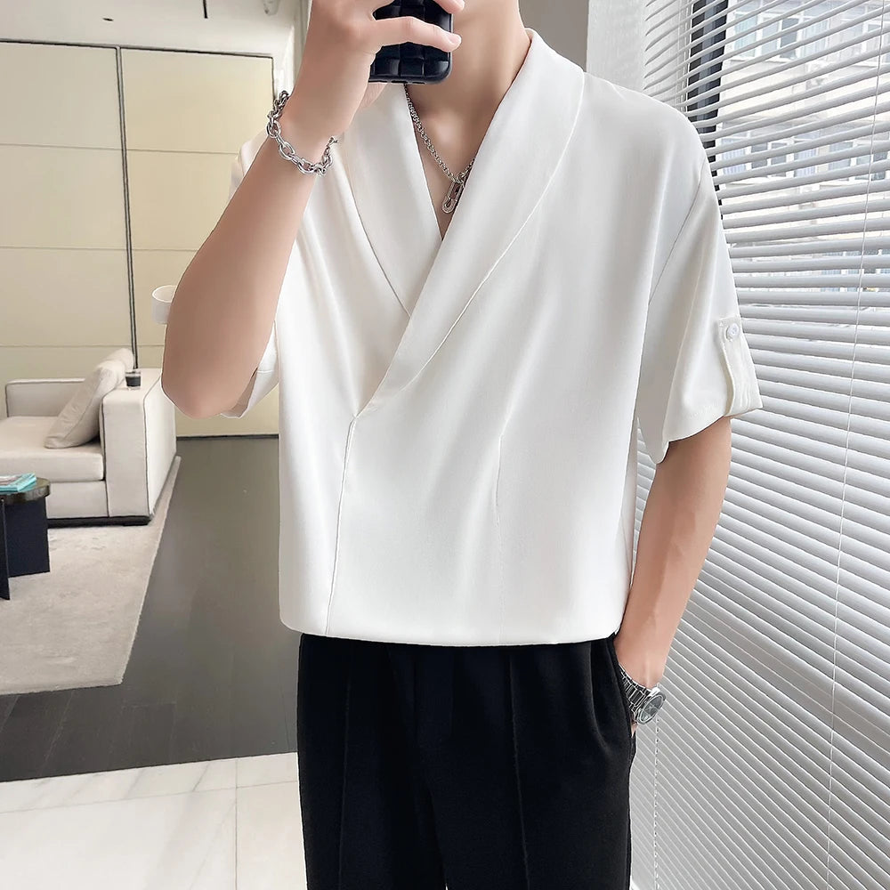 Solid Color Men Apple Collar T Shirt Unique Design Streetwear Fashion Casual Top Trendy Street Performance Tee Comfort Urban voguable