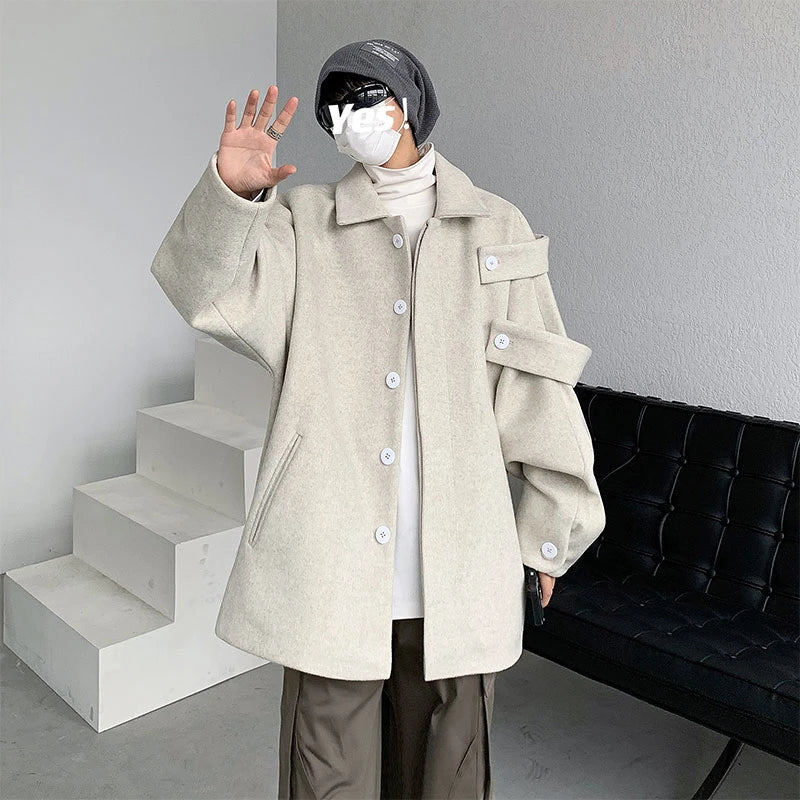 Streetwear Woolen Coat Men's  Autumn Winter Minority Lapel Jacket American Retro Loose Casual Asymmetrical Jacket