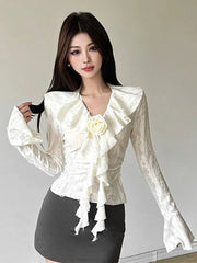 3D Floral Ruffles Y2K T Shirts Women Slim Long Sleeve Hole Gothic Tops Streetwear Harajuku Vintage Lady V Neck Design Tees voguable