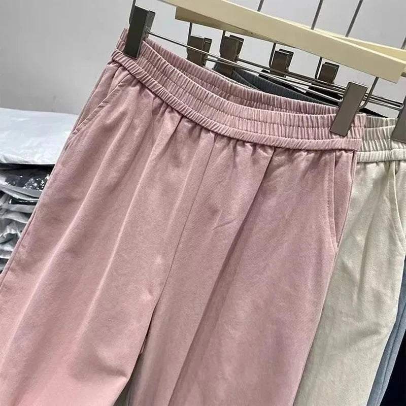 Korean Chic Ruffle Patchwork Ankle Length Pants Women Summer High Waist Loose Wide Leg Pants Elastic Waist Baggy Casual Trousers voguable