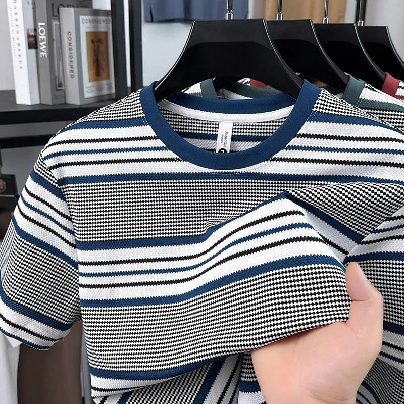 Voguable  Mens Striped Crew Neck T Shirt Casual Short Sleeve Breathable Tee voguable