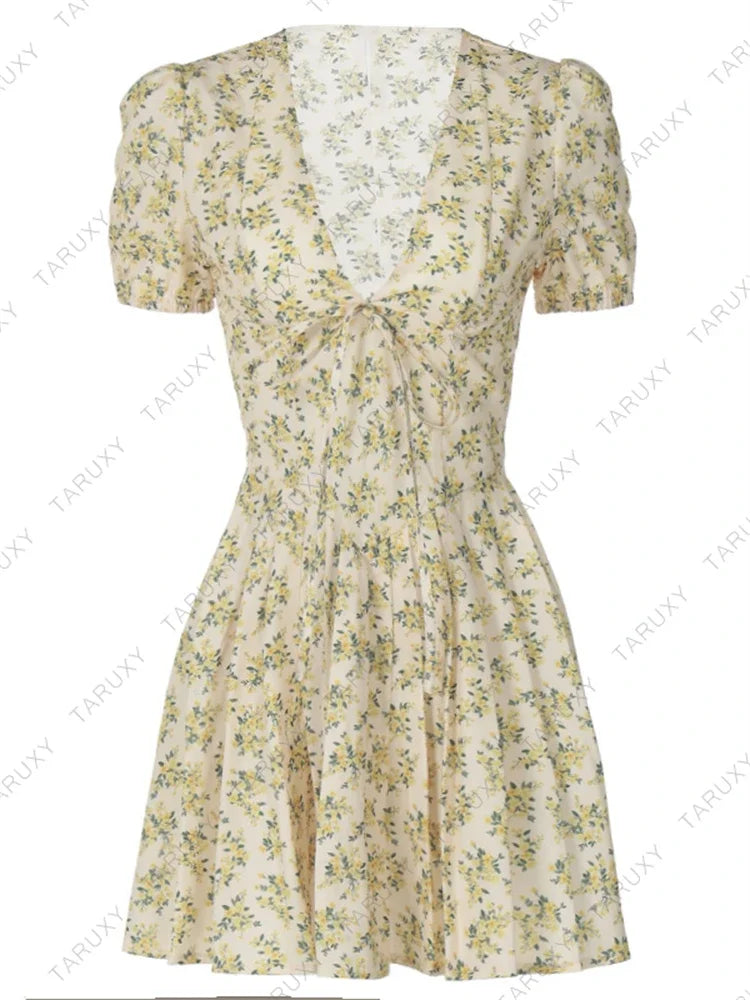 TARUXY Sexy Deep V Neck Women's Dresses 2024 Summer Fashion A-line Dress Female High Waist Pleated Printed Beach Party Dresses voguable