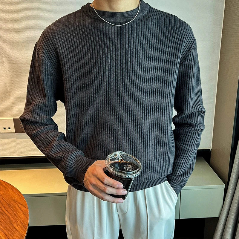 New Korean Retro Men Basic Sweater Luxury Knitted Solid Color O Neck Long Sleeve Pullover Casual Slim Premium Quality Knitwear voguable