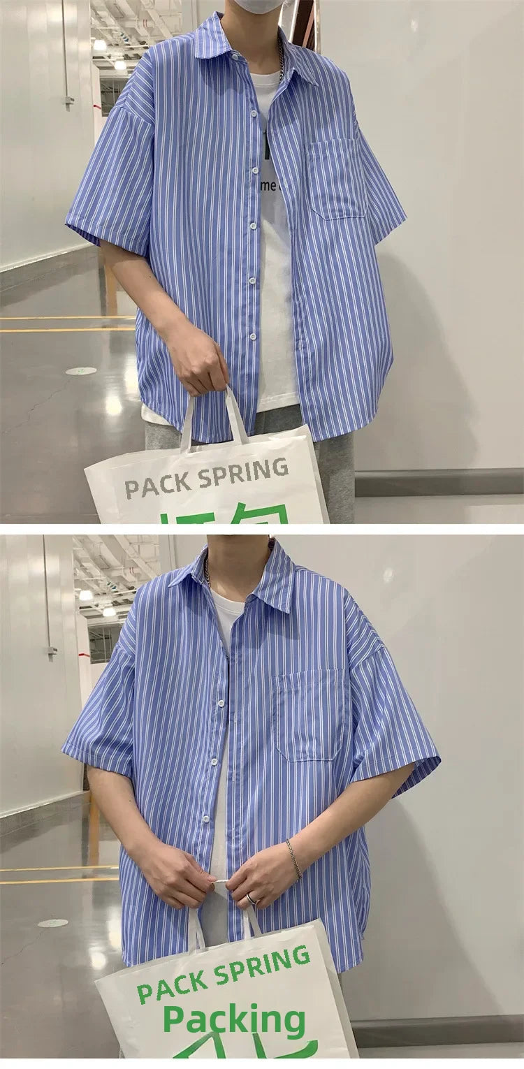 Japanese Style Simple Striped Short Sleeve Shirt For Men Summer Korean Trendy Loose Fit Casual Jacket voguable