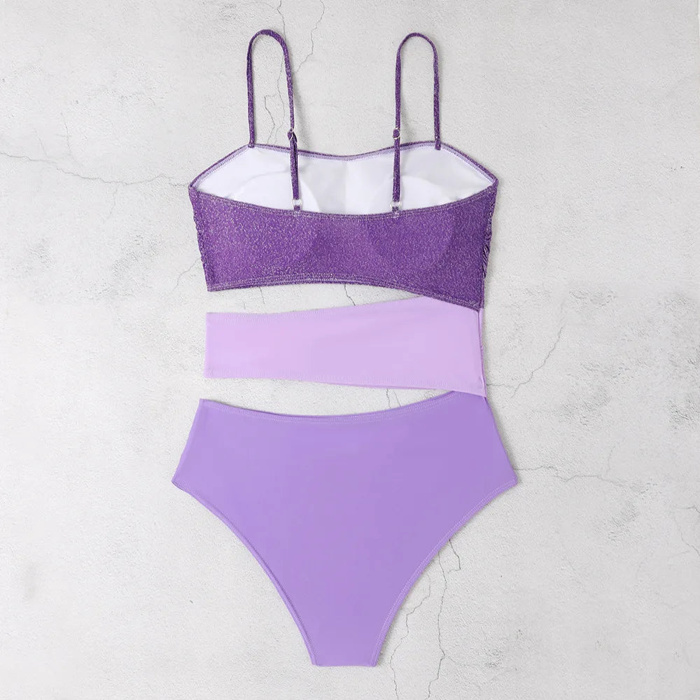 Voguable New Shiny Purple Contrast Swimsuit Women Halter Hollow Out Patchwork One Piece Swimwear Beach Bathing Suit Pleate Monokini voguable