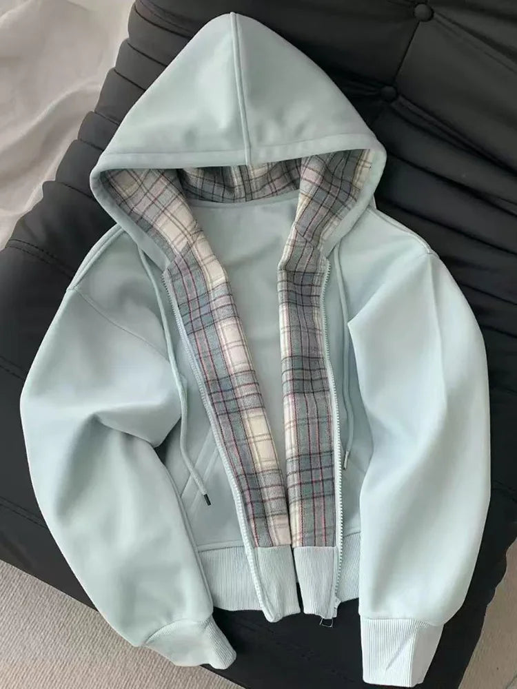 Plaid Patchwork Blue Hoodies Women Sweet Preppy Style Long Sleeve Cute Sweatshirts Loose Casual Vintage Female Korean Tops New voguable