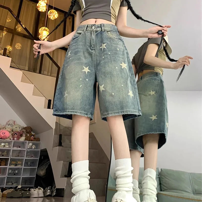 Y2K Star Printed Denim Shorts Women Fashion High Waist Wash Knee Length Jeans Bf Summer Streetwear Loose Wide Leg Pants voguable