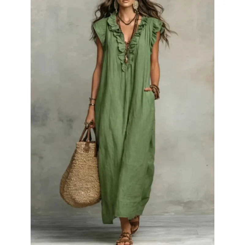 Voguable  New Ruffles V-neck Casual Solid Color Straight Tube Long Dresses Summer Casual Loose Fit Flying Sleeve Pocket Women's Dress voguable