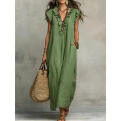 Voguable  New Ruffles V-neck Casual Solid Color Straight Tube Long Dresses Summer Casual Loose Fit Flying Sleeve Pocket Women's Dress voguable