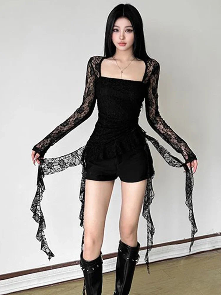 Y2K Ruffles Lace T Shirts Women Sexy Slim Long Sleeve Streetwear Tops Fashion Square Collar Irregular Design Female Tees voguable