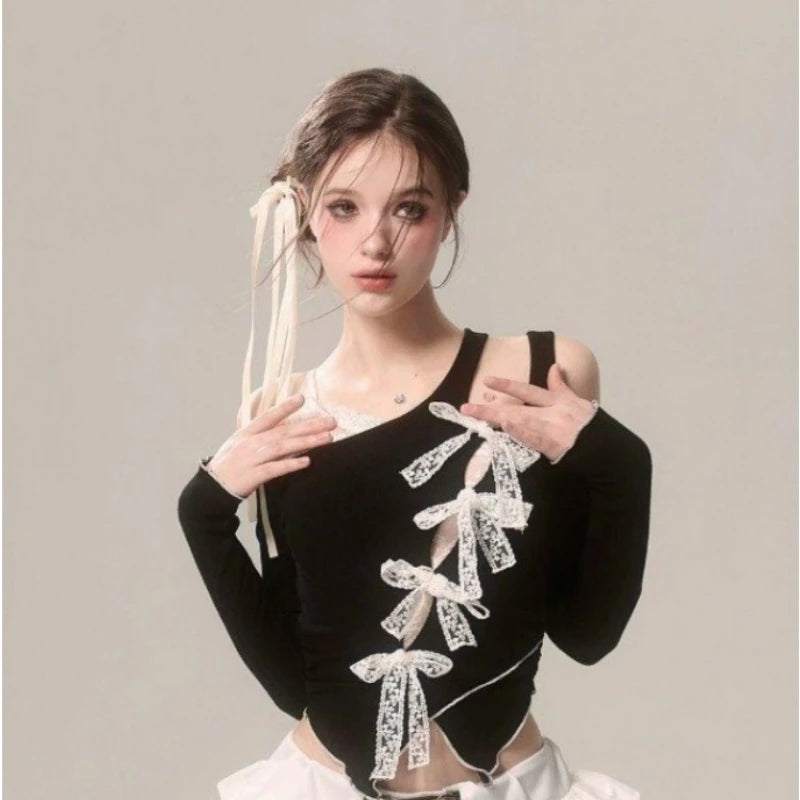 Voguable Summer Women Lace Fake Two Piece Blouse Japanese Style Bow Kawaii Y2k T Shirt Spicy Girl Aesthetics Slim Fashion Tees Chic voguable