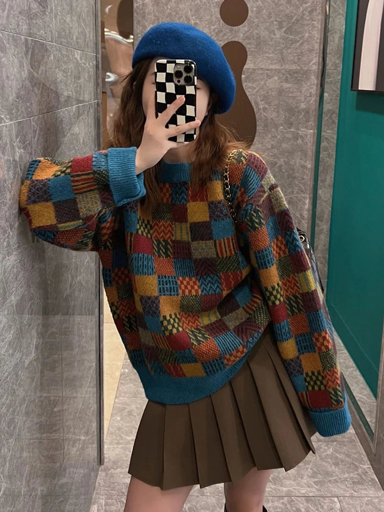 Voguable  Retro Harajuku Japan Plaid Sweater Women Streetwear Loose Knitted Tops Casual Loose O Neck Long Sleeve Bf Simple Pullover voguable