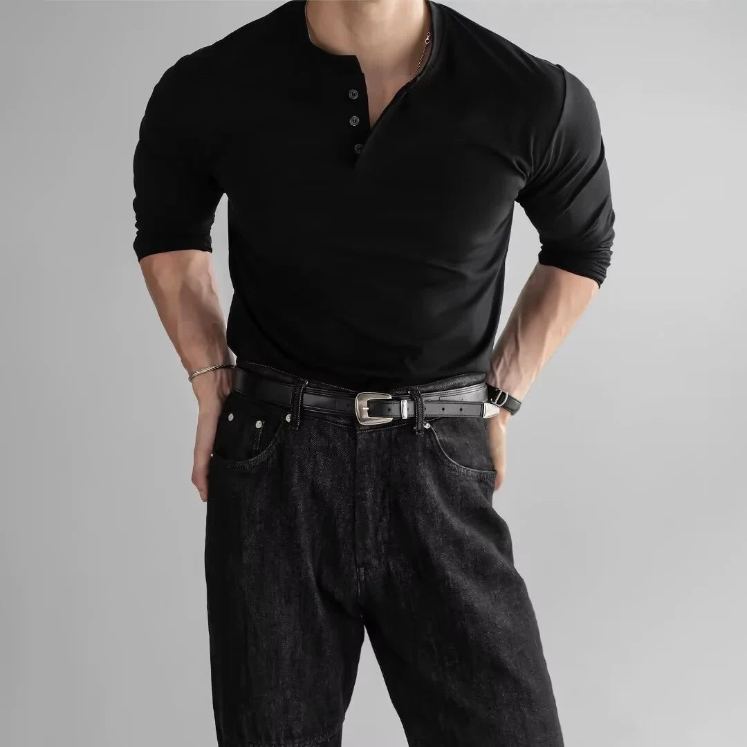 New American Fashion Men Henry Collar T-shirt Light Luxury Solid Color Long Sleeve Tops Leisure Light Business Basic Shirt M-3XL voguable