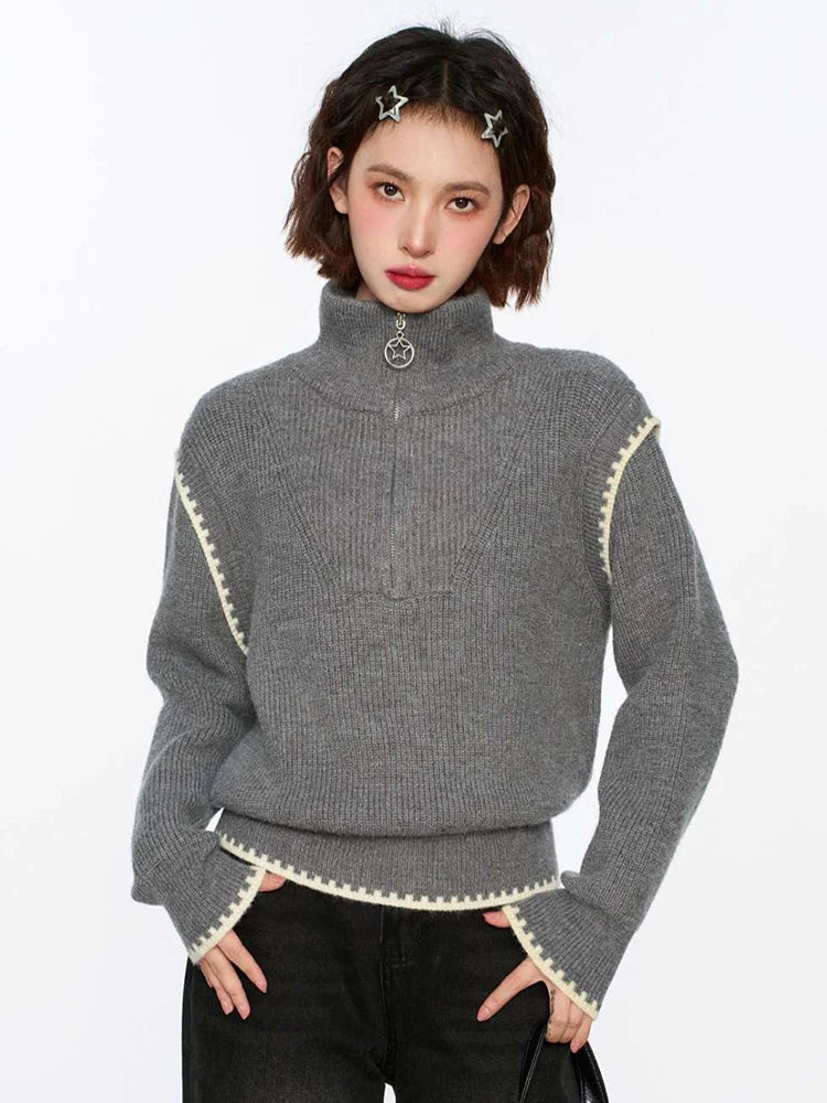 Streetwear Retro Gray Sweaters Women Loose Harajuku Long Sleeve Knitted Pullover Y2K American Turtleneck Vintage Jumper New voguable