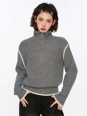 Streetwear Retro Gray Sweaters Women Loose Harajuku Long Sleeve Knitted Pullover Y2K American Turtleneck Vintage Jumper New voguable
