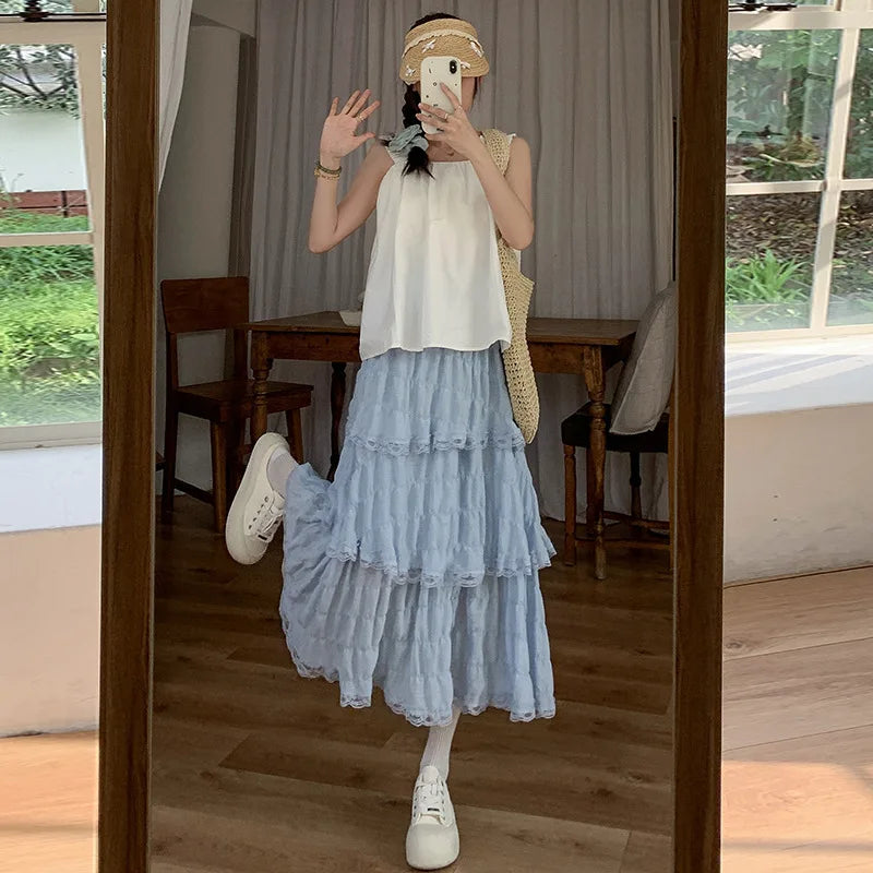 Voguable  Sweet Lace Ruffles Long Skirt Women Summer Cute Puff Cake A Line Skirt Woman Korean Style High Waist White Chiffon Tulle Skirt voguable