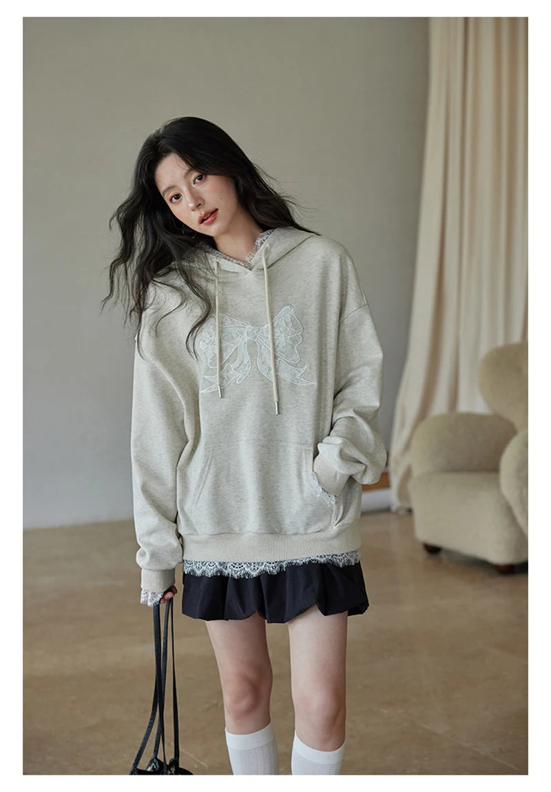 Lace Patchwork Cute Hoodies Women Loose Long Sleeve Bow Print Vintage Pullover Korean Casual Female Preppy Style Sweet Tops voguable