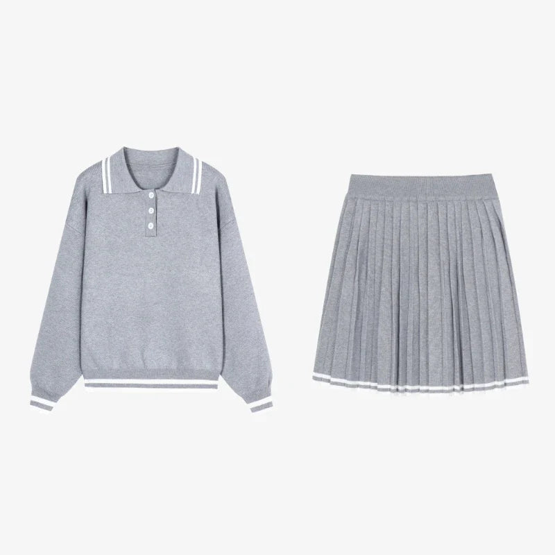College Style Elegant Sweater Skirt Suit Women Fashion Polo Neck Tops + Pleated Mini Skirt Harajuku Knit Casual Two Piece Suit Pbong