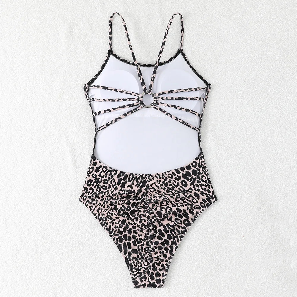 Voguable  Sexy Leopard Multi Rope Hollow Out One Piece Swimsuit Women Beach Bikini New All Season Backless Tight One Piece Swims voguable