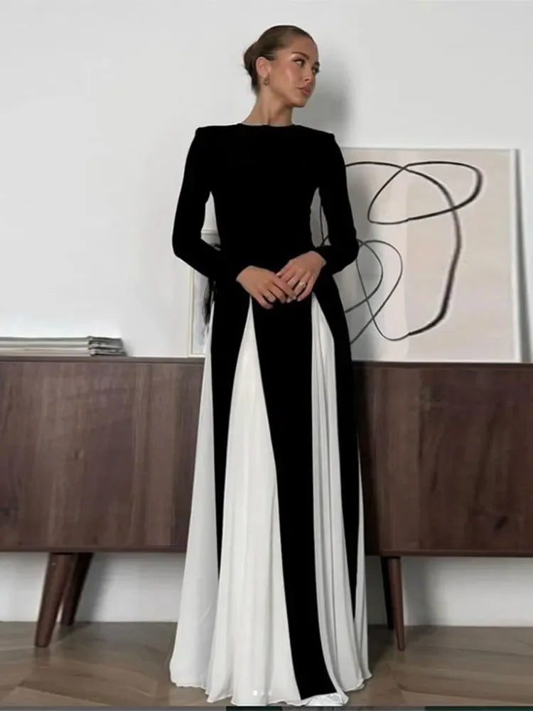 Elegant Black White Patchwork Maxi Dresses Women Fashion O-neck Long Sleeves Slim Dress New Female Evening Party Robes voguable
