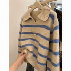 Voguable  Lapel Blue Striped Autumn Winter Sweater Long-sleeved Sweater Pullover Top Layered Versatile Short Style voguable