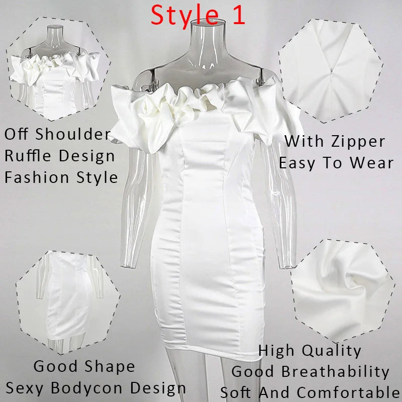 Satin Ruffles Sleeve Summer Dresses Backless Strapless Bodycon White Dress Short Sexy Party Dress Nightclub Vestidos voguable