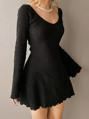 Voguable Elegant Solid Knitted Dresses Fashion Women Black Bodycon Autumn Winter Long Sleeve Mini Dress Retro voguable