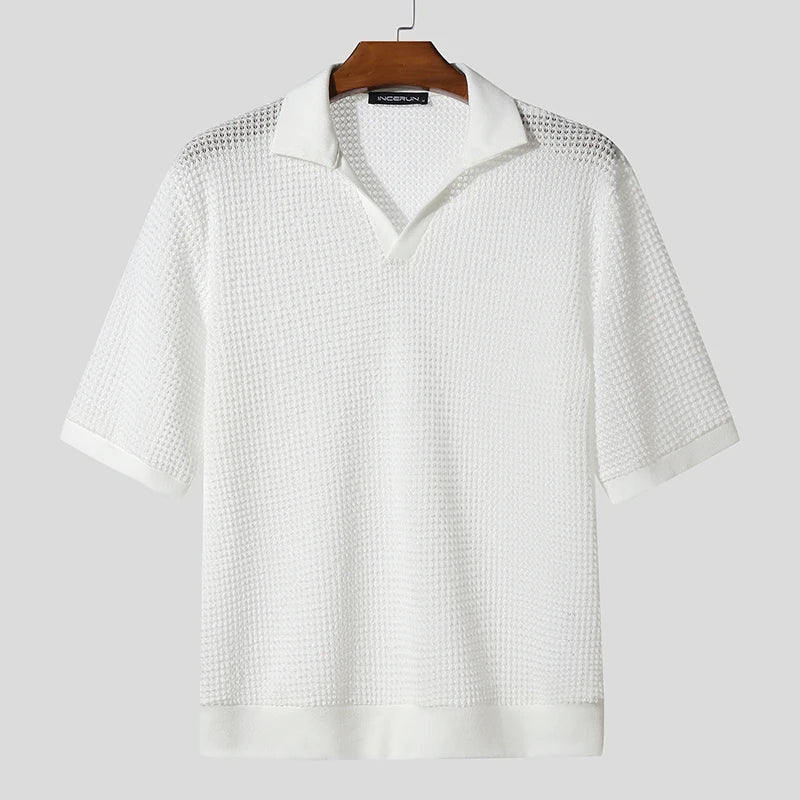 Men Shirt Solid Color Hollow Out Short Sleeve Summer Casual Men Clothing See Through Streetwear Fashion Male Shirts voguable