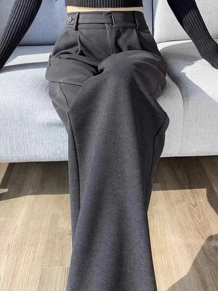 Fall Winter Woolen Suit Pants Women High Waist Loose Casual Wide-Leg Trousers Y2K Solid Korean Chic Office Lady Straight Pants voguable