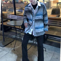 Autumn Winter Fashion Round Neck Long Sleeve Contrast Color Cardigan Men's Clothing Button Vintage Casual All-match Korean Tops voguable