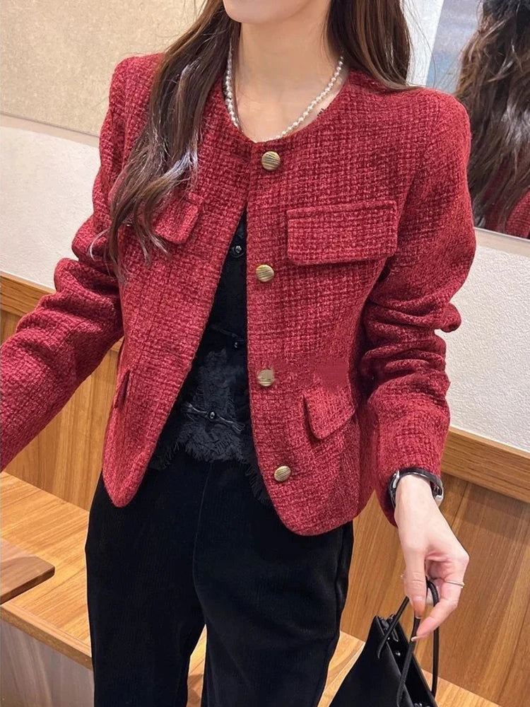 Zoki Women Slim Vintage Jacket Fall Winter Long Sleeve Sweet Elegant Coat French Casual Female O Neck Single Breasted Retro Tops voguable