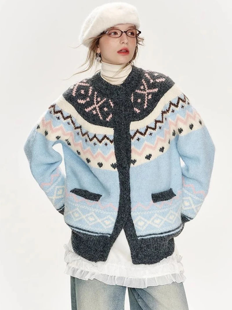 American Retro Print Cardigan Women Loose Lazy Wind Harajuku Knitted Sweater Casual Fall Winter Vintage O Neck Female Y2K Tops voguable