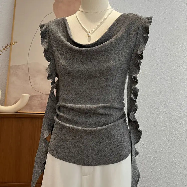 Voguable  Premium Minority Flying Sleeve Knit Tshirts Draped Neckline Lace Up Unique Mujer Camisetas Slim Elegant Casual Moda Tops voguable