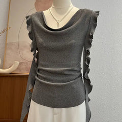 Voguable  Premium Minority Flying Sleeve Knit Tshirts Draped Neckline Lace Up Unique Mujer Camisetas Slim Elegant Casual Moda Tops voguable