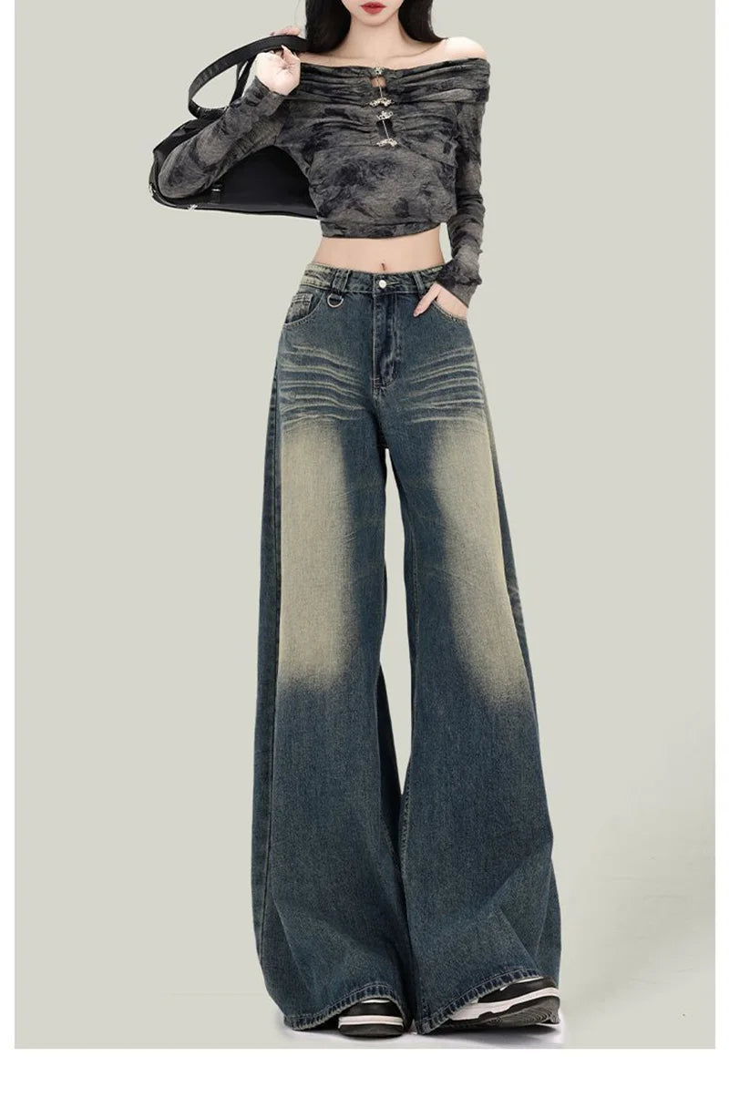 Women Streetwear Retro Jeans Loose High Waist Y2K Denim Pants Casual American Harajuku Fall Female Pockets Wide Leg Trousers New voguable