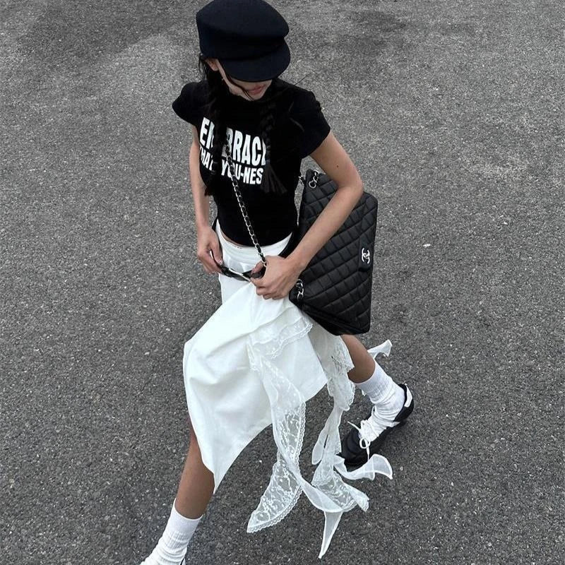 Korean Style Irregular Skirt Women Vintage Elegant White Ruffle Skirt Lace Patchwork Summer Layered Midi Skirts Street voguable