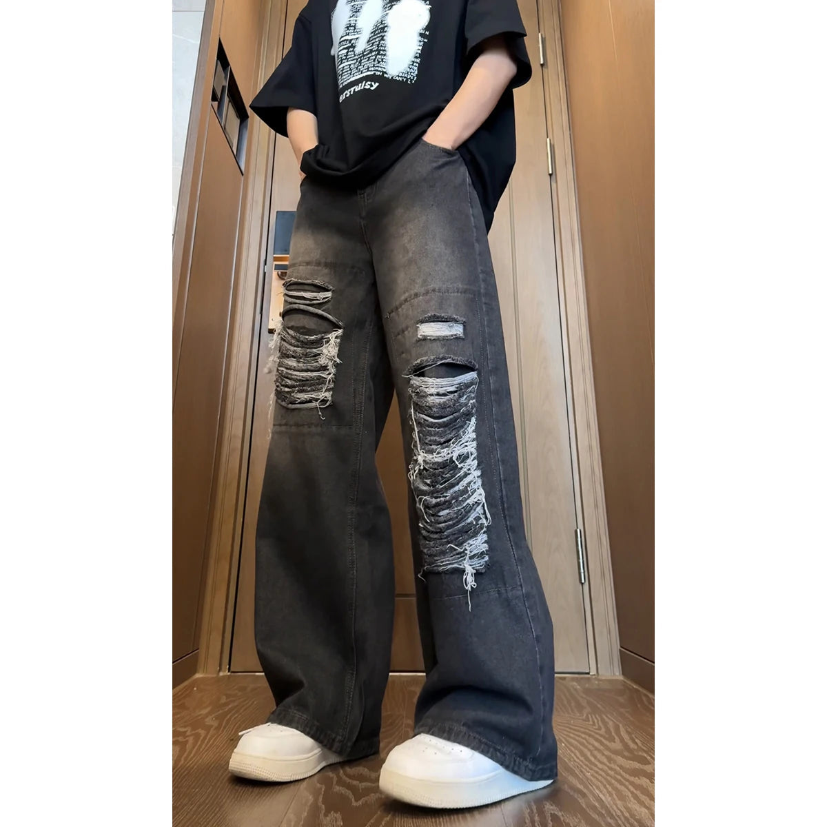 Beggar jeans men Vintage Streetwear Ripped Hole Jeans Men Women Harajuku Aesthetic Wide Leg Denim Trousers Unisex Straight Pants voguable