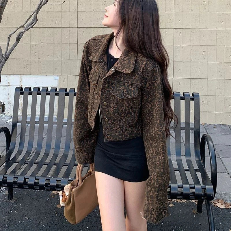 Y2K Cropped Leopard Denim Jacket Women Vintage Streetwear Long Sleeve Slim Short Coat American Harajuku Female Hip Hop Tops voguable