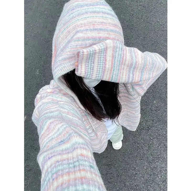 Japanese Y2k Rainbow Striped Kawaii Cardigans Women Autumn All Match Hooded Sweaters Loose Zipper Grunge Knitted Coat Pull Femme voguable