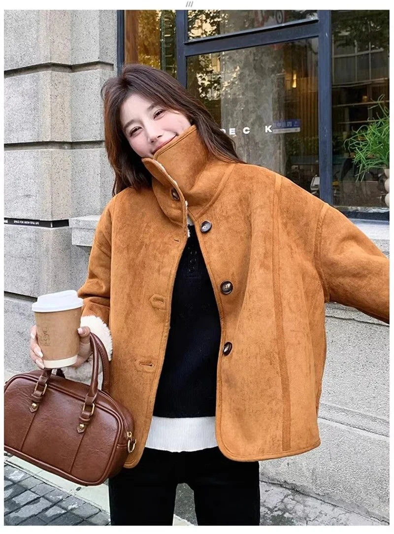 Y2K Faux Lamb Suede Jacket Women Warm Winter Streetwear Retro Coat Korean Casual Loose Long Sleeve Single Breasted Outwear voguable