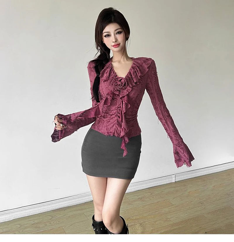 3D Floral Ruffles Y2K T Shirts Women Slim Long Sleeve Hole Gothic Tops Streetwear Harajuku Vintage Lady V Neck Design Tees voguable