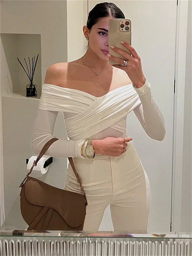 White See-Through Patchwork Jumpsuit For Women Pleated Slim Sexy High Waist Long Sleeve Off-Shoulder Rompers Streetwear voguable