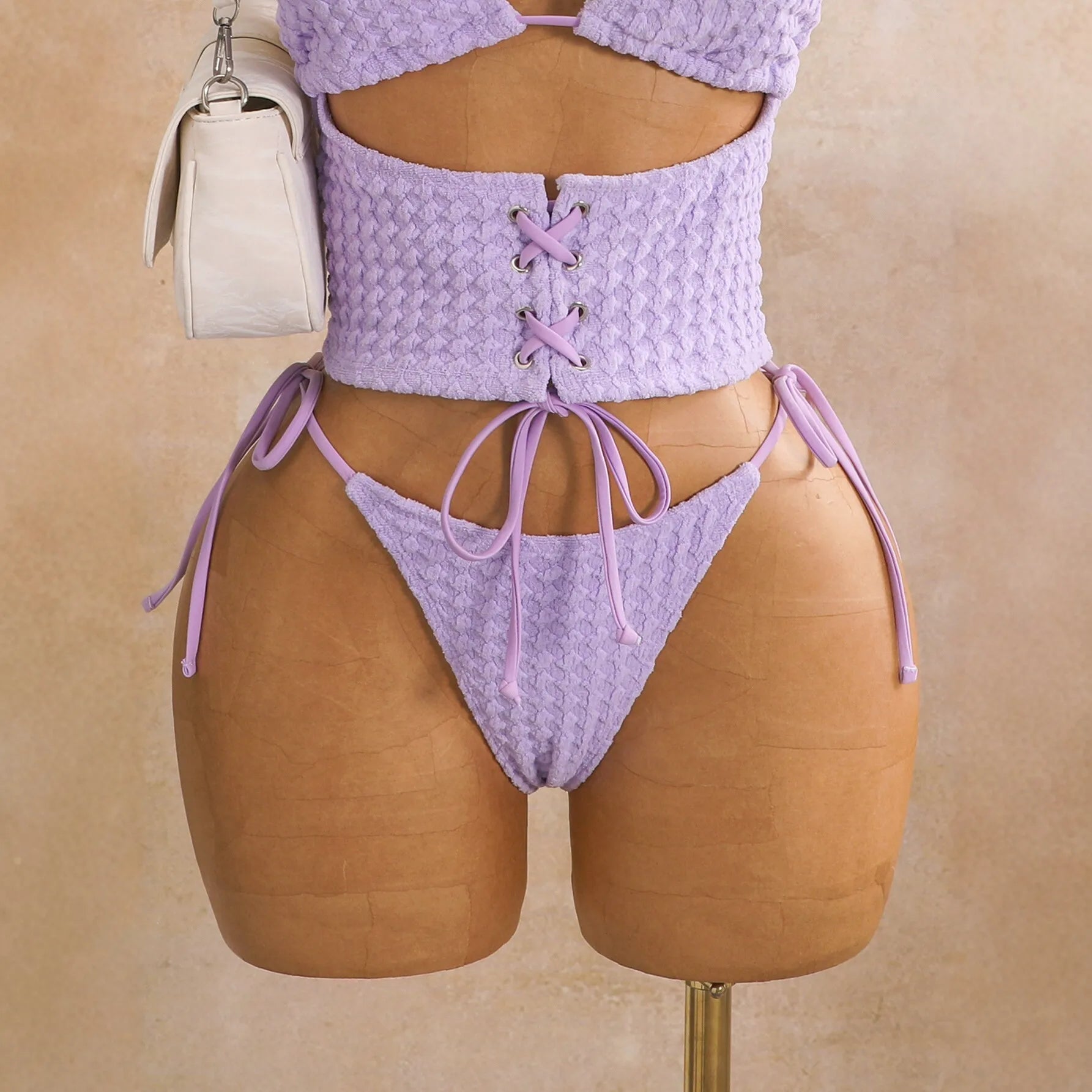 Voguable  Women Solid Textured Bubble Fabric 2 Piece Bikini Set Halter Triangle Lace Up Waist Corser Side Tie Thong Swim Beach Swimwear voguable