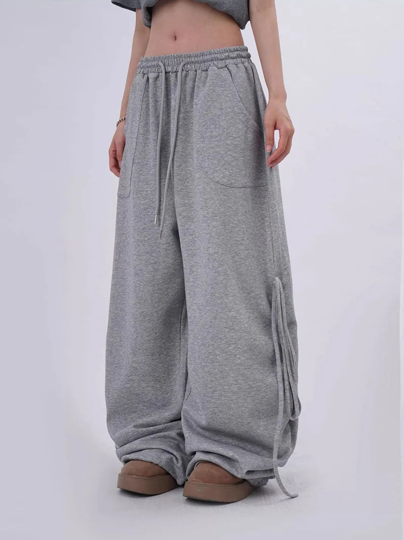 Streetwear Gray Sweatpants Women Low Waist Loose Harajuku Pockets Pants American Casual Hip Hop Lace Up Oversize Bf Trousers New voguable