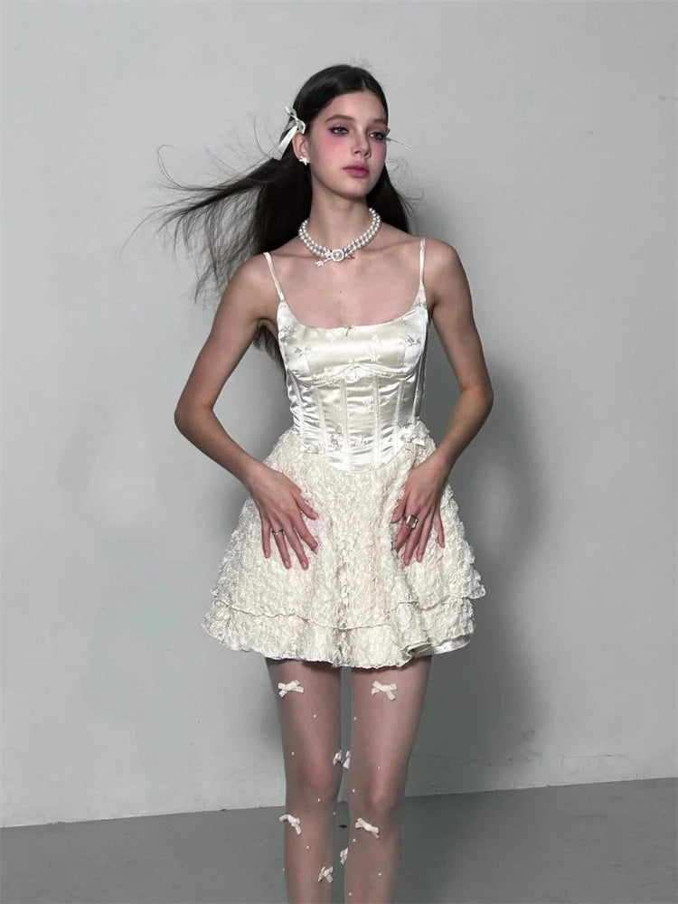 Voguable  Elegant Fairy Dress Women Summer High Waist White Lace Party Mini Dresses Spaghetti Strap Streetwear Korean Fashion voguable