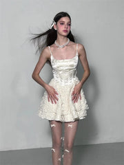Voguable  Elegant Fairy Dress Women Summer High Waist White Lace Party Mini Dresses Spaghetti Strap Streetwear Korean Fashion voguable
