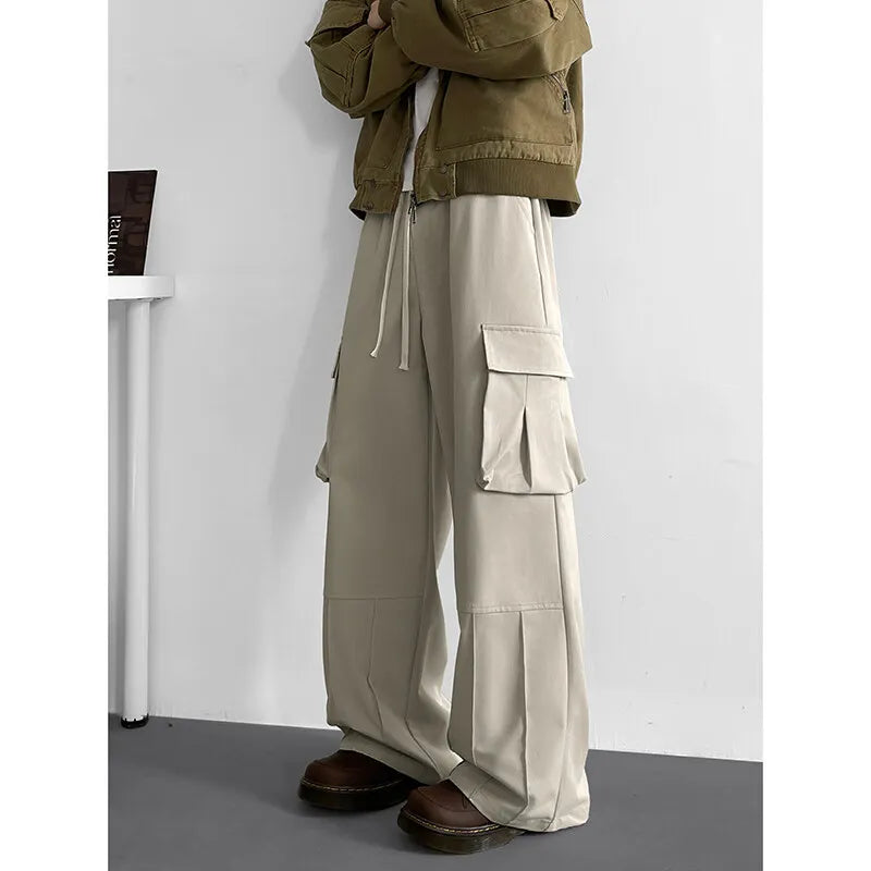 Spring Unisex Loose Wide Leg Cargo Pants Elastic Waist Side Pocket Workwear Casual Wear Trendy Men Women Outdoor Comfort Pleats voguable
