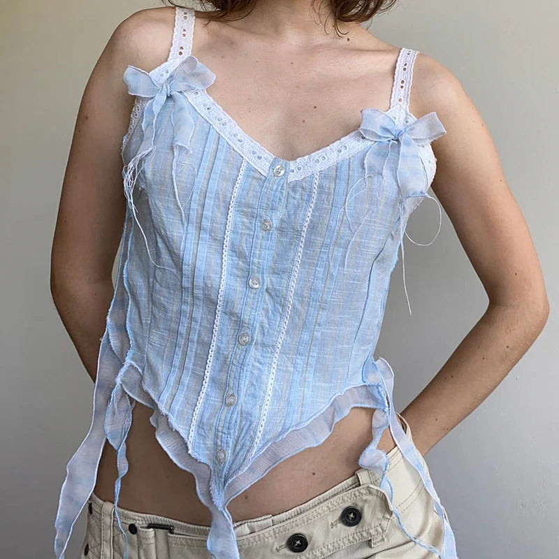 Voguable Kawaii Lace Stitching V-neck Striped Irregular Crop Top Baby Blue Fairy Button-up Sleeveless Top Y2K Japanese Style Top voguable