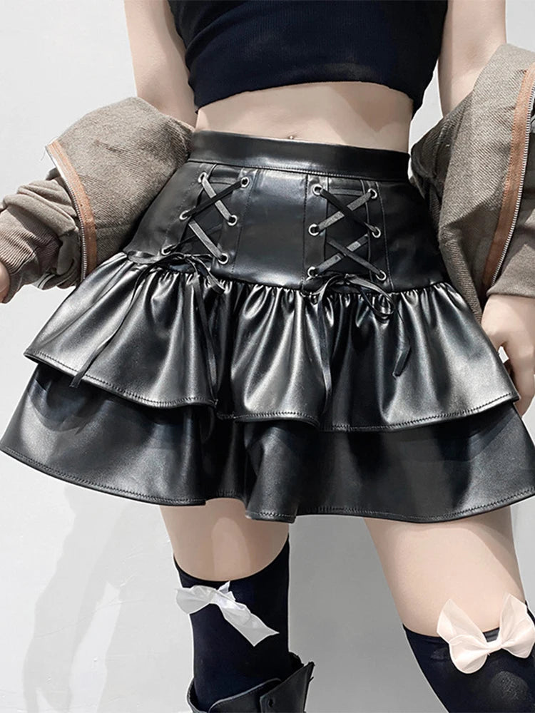 Mall Goth Punk PU Skirt Women Dark Gothic Vintage Bandage High Waist Lolita Skirt Harajuku Streetwear Emo Alt Clubwear voguable
