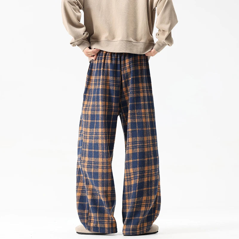 Autumn Thick Pants Men Warm Fashion Retro Plaid Pants Men Streetwear Loose Wide Leg Pants Mens Oversized Vintage Trousers M-3XL voguable